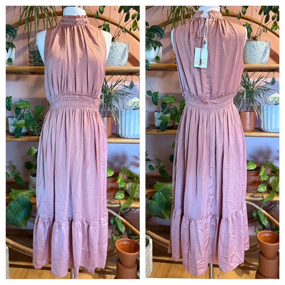Knox Rose Pink Snowbloom Ruffle Neckline Halter Maxi Midi Dress M NWT